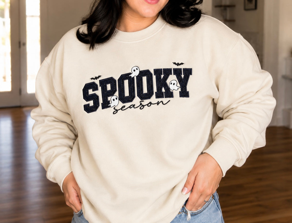 Spooky Season Embroidered Tee all Black Glitter