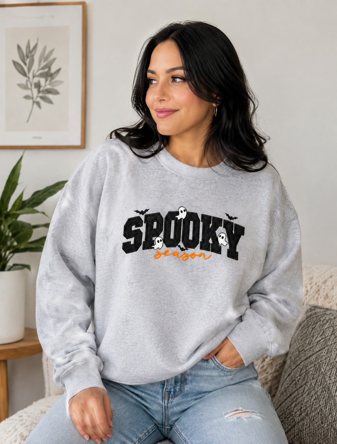 Spooky Season Embroidered Crewneck (black glitter,orange season)
